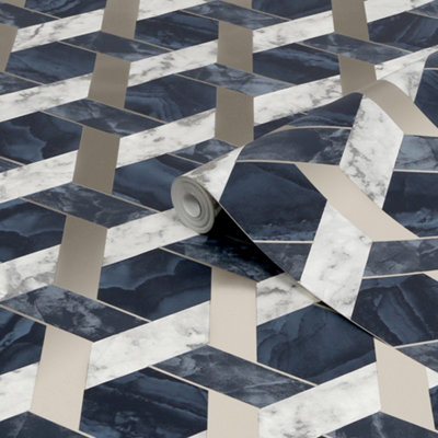 Contour Blue Metallic Effect Geometric Smooth Wallpaper