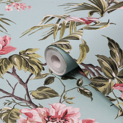 Next Birds & Blooms Duck Egg Floral Smooth Wallpaper
