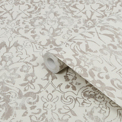 Next Majestic Damask Neutral Metallic Effect Smooth Wallpaper