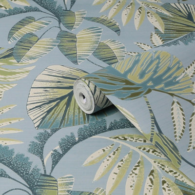 Next Jungle Leaves Duck Egg Smooth Wallpaper