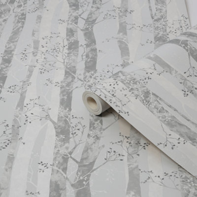 Sublime Dappled Trees Silver Smooth Wallpaper Sample
