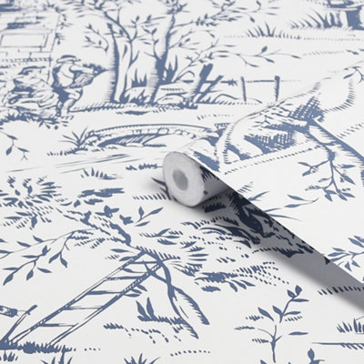 Laura Ashley Toile De Jouy Blue Classical Smooth Wallpaper