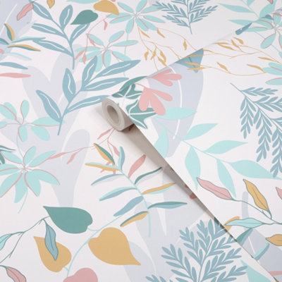 Fresco Indigo/Ochre Leaves Patterned Smooth Wallpaper