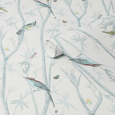 Next Chinoiserie Bird Trail Duck Egg Smooth Wallpaper Sample