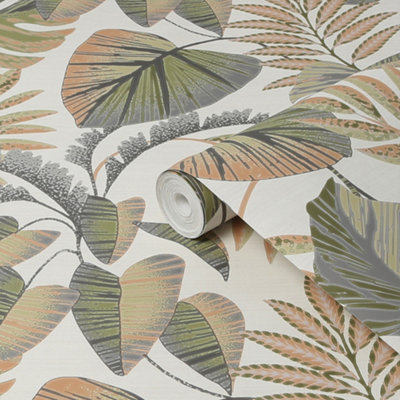 Next Jungle Leaves Orange Smooth Wallpaper Sample