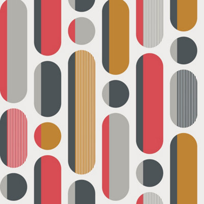 Envy Morse Red, Grey & Mustard Geometric Smooth Wallpaper Sample