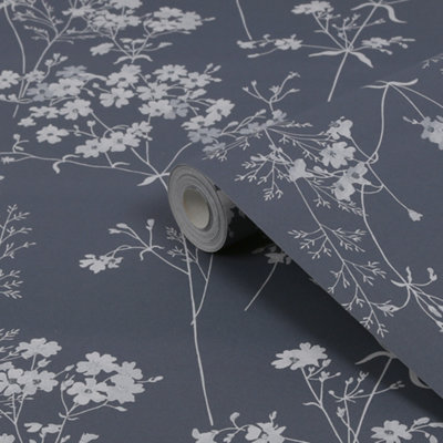 Next Navy Leaf Smooth Wallpaper