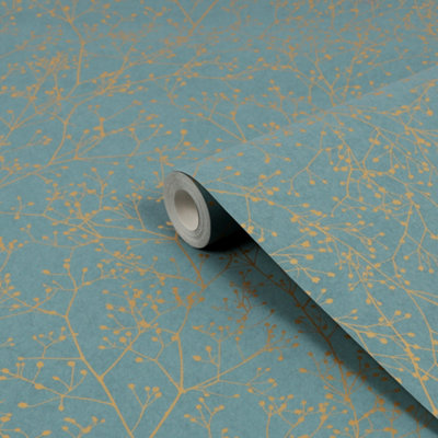 Clarissa Hulse Gypsophila Airforce Blue & Gold Effect Smooth Wallpaper