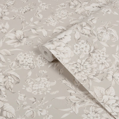 Laura Ashley Dove Grey Heledd Blooms Patterned Smooth Wallpaper