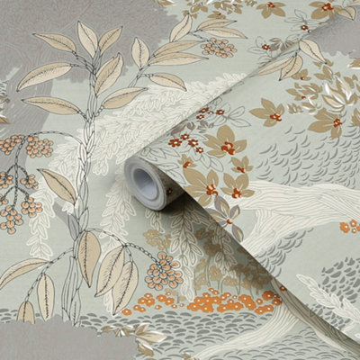 Superfresco Easy Oriental Oasis Sage Metallic Effect Smooth Wallpaper
