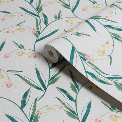 Laura Ashley Botanical Diary Pale Slate Grey Fulwell Fuchsia Smooth Wallpaper