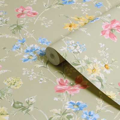 Laura Ashley Ornamental Cottage Sage Green Poppy Meadow Smooth Wallpaper