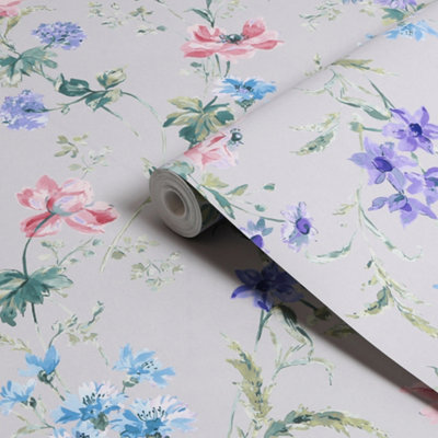 Laura Ashley Ornamental Cottage Pale Violet Poppy Meadow Smooth Wallpaper