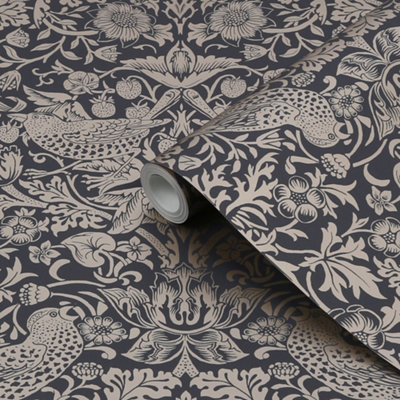 William Morris Rich Blue Strawberry Thief Metallic Effect Smooth Wallpaper