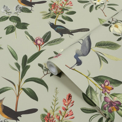 Superfresco Easy Sage Birdsong & Blooms Contemporary Smooth Wallpaper