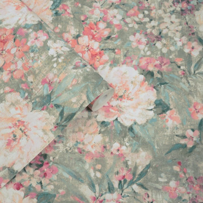 Laura Ashley Green & Pink Floral Classic Smooth Wallpaper