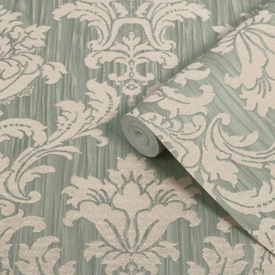 Boutique Sage Damask Classic Textured Wallpaper