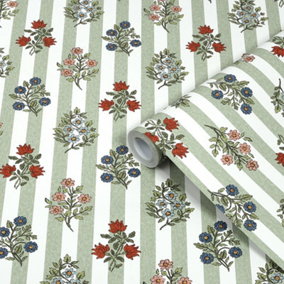 Superfresco Easy Ditsy Stripe Sage Floral Contemporary Smooth Wallpaper