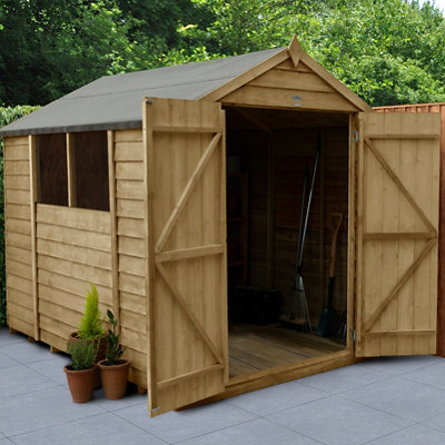 Forest Garden Overlap 8X6 Ft Apex Wooden Pressure Treated 2 Door Shed With Floor & 2 Windows