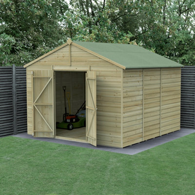 Forest Garden Beckwood Shiplap 10X10 Ft Apex Natural Timber Wooden Pressure Treated 2 Door Shed With Floor (Windowless) - Assembly Service Included