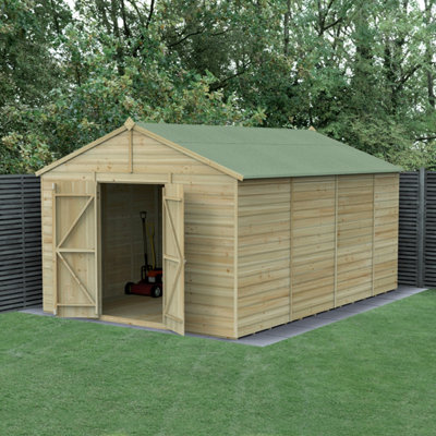 Forest Garden Beckwood Shiplap 10X15 Ft Apex Natural Timber Wooden Pressure Treated 2 Door Shed With Floor (Windowless) (Base Included)