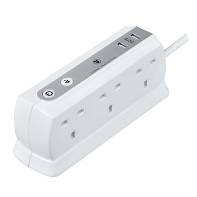 Masterplug Surge White 6 Socket Extension Lead With Usb, 2M