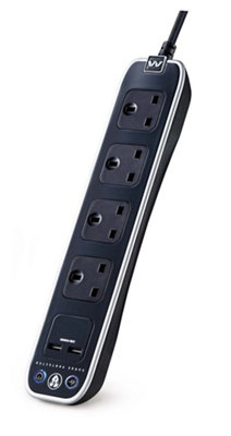 Masterplug Surge Black 4 Socket Extension Lead With Usb, 1M