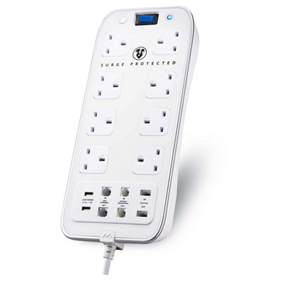 Masterplug Surge White 8 Socket Extension Lead With Usb, 2M