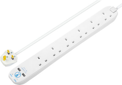 Masterplug Surge White 13A 6 Socket Extension Lead With Usb, 1M