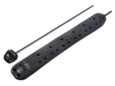 Masterplug Surge Black 13A 6 Socket Extension Lead With Usb, 1M