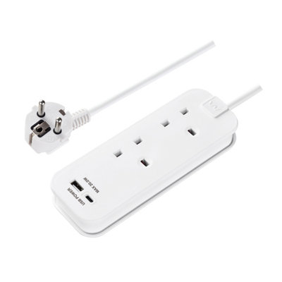 Masterplug White 13A 2 Socket Travel Extension Lead With Usb, 0.45M