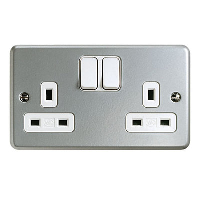 Mk 13A Grey 2 Gang Switched Metal-Clad Socket With White Inserts