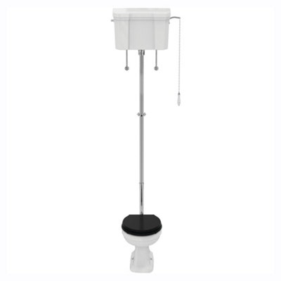 Ideal Standard Waverley White Boxed Rim Round Open Back Toilet Set With Black Standard Close Seat & High Level Cistern