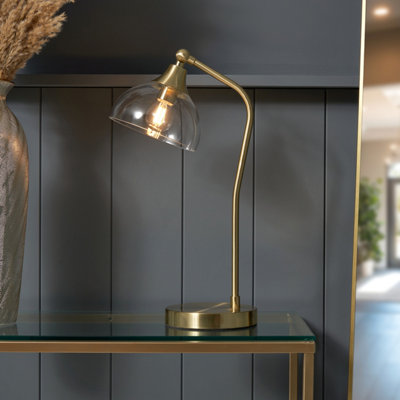 Inlight Rae Round Brushed Satin Clear Brass Effect Table Lamp
