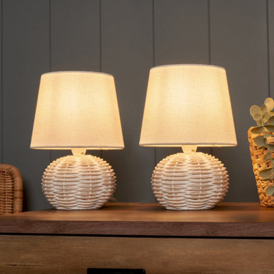Inlight Peiros Mini Round Matt White Rattan Effect Table Lamp, Pack Of 2