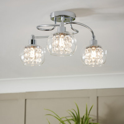 Inlight Roma Beaded Glass & Steel Transparent Chrome Effect 3 Lamp Ceiling Light