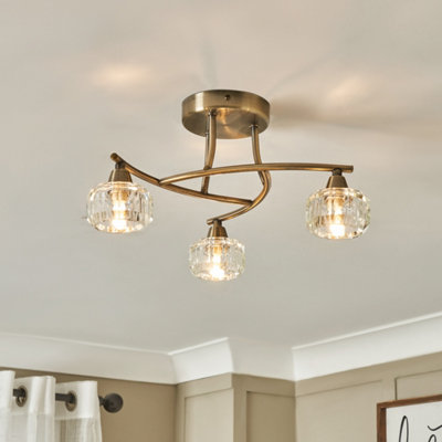 Inlight Pilton Satin Glass & Metal Antique Brass Effect 3 Lamp Led Ceiling Light