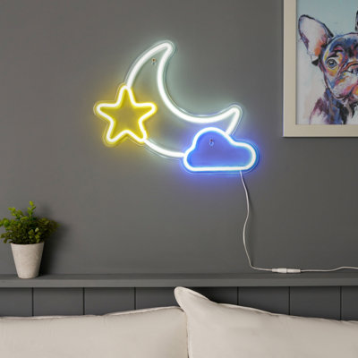 Glow Arlo Moon & Star Neon White, Yellow & Blue Plug-In Led Wall Light