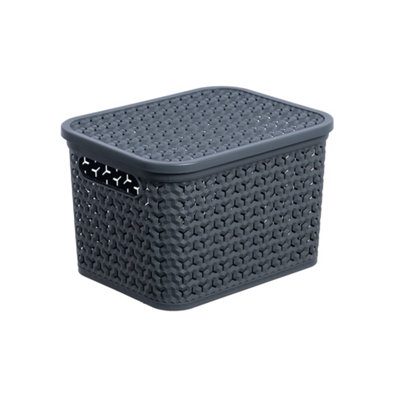 Strata Urban Matt Charcoal Plastic Small Stackable Storage Basket & Lid (H)12.5Cm (W)16.5Cm (D)24Cm