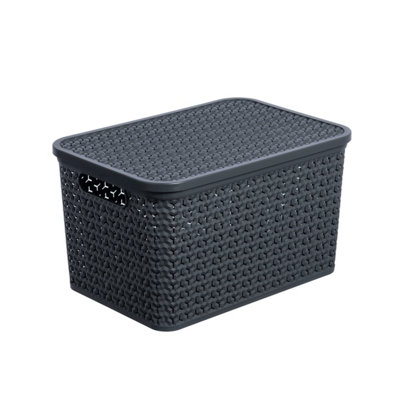 Strata Urban Matt Charcoal Plastic Large Stackable Storage Basket & Lid (H)26Cm (W)31Cm (D)44.5Cm