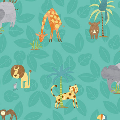 Holden Décor Teal Jungle Animals Smooth Wallpaper