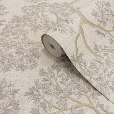 Opus Ravello Beige Tree Metallic Effect Contemporary Embossed Wallpaper