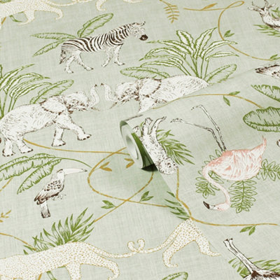 Serengeti Animals Printed Wallpaper - Sage Green