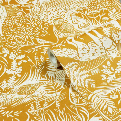 furn. Winter Woods Animal Ochre Matte Wallpaper
