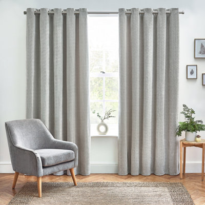 Furn. Harris Grey Herringbone Chenille Lined Eyelet Curtains (W)167Cm (L)228Cm, Pair