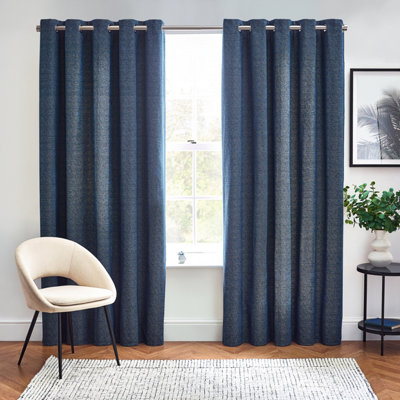 Furn. Harris Blue Herringbone Chenille Lined Eyelet Curtains (W)228Cm (L)228Cm, Pair