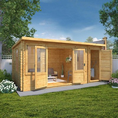 Mercia 16.7 x 9.8ft Double Door Wooden Pent Log Cabin with Side Shed - Size: 10 x 16ft - Brown - Mercia Garden - Wilko