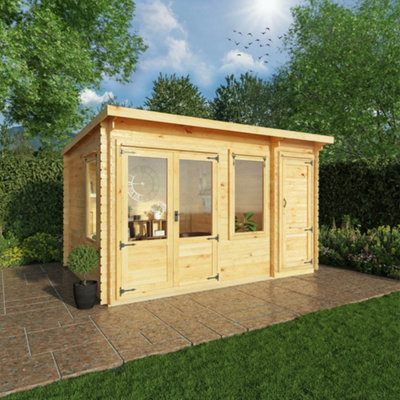 Mercia 13.4 x 9.8ft Wooden Pent Log Cabin with Side Shed - Size: 10 x 13ft - Brown - Mercia Garden - Wilko
