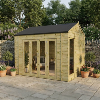 Mercia Vermont 10X8 Ft Reverse Apex Wooden Summer House With Bi-Fold Door & 2 Windows