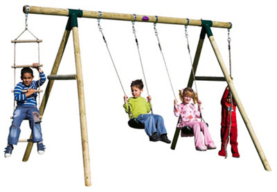Plum Play Gibbon Wooden Double Swing Set with Climbing Rope and a Cargo Rope Ladder - Brown - Wilko